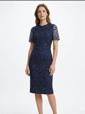 YIGAL AZROUEL BLACK BLUE WHITE ABSTRACT PATTERN SHORT SLEEVE SHEATH MIDI DRESS